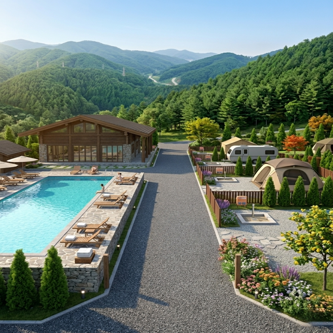 벨루나힐스 수영장과 우드 로지 전경